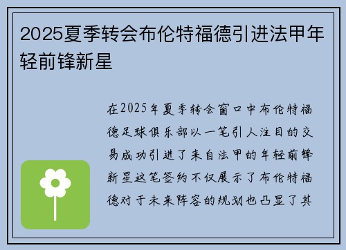 2025夏季转会布伦特福德引进法甲年轻前锋新星 2025夏季转会布伦特福德引进法甲年轻前锋新星